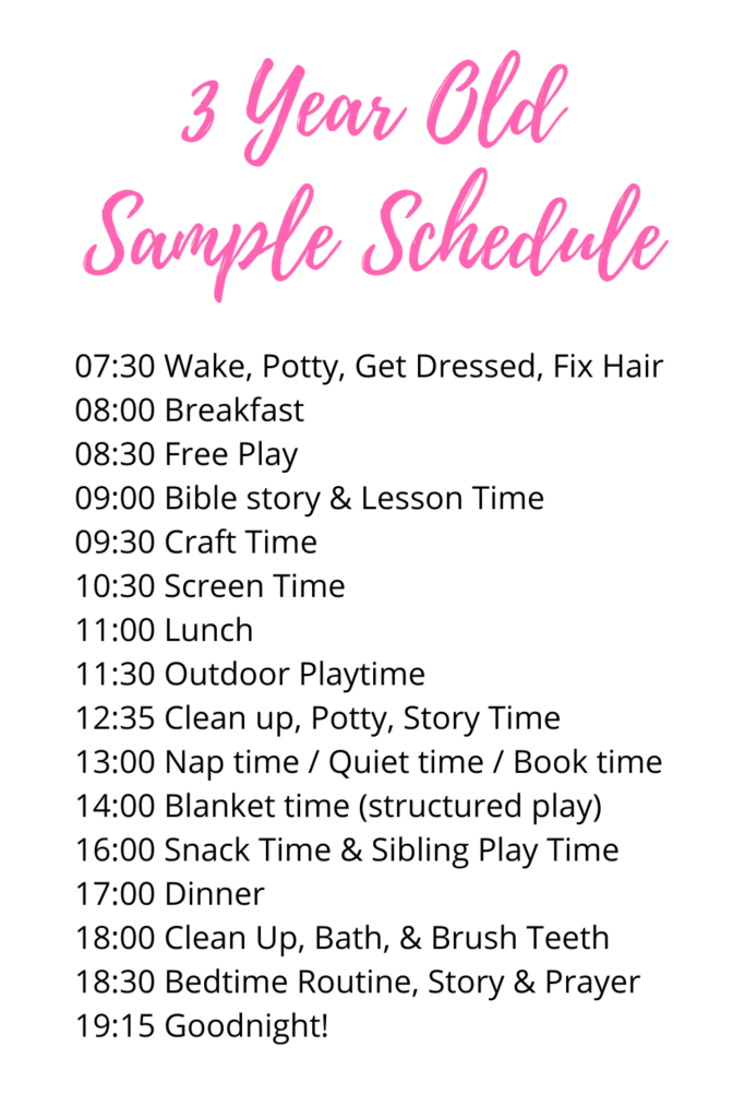 3 year old sample schedule. This schedule starts from wake time all the way to night time. A detailed timeline schedule for 3 year olds. 